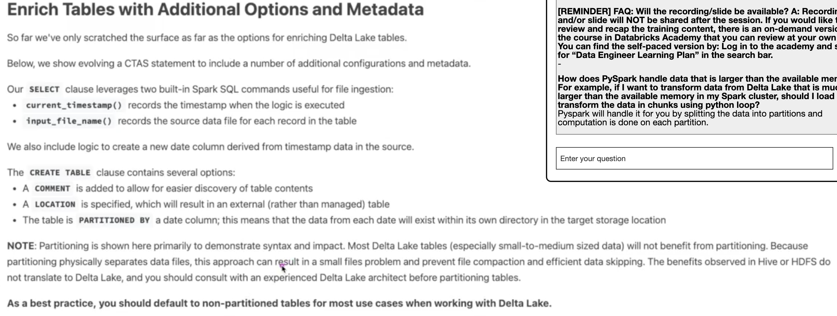 Enriching a Delta table with options and metadata
